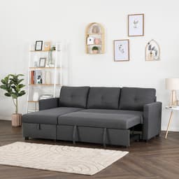 โซฟาเบดผ้า L-shape และชั้นวางของอเนกประสงค์ 2 บาน รุ่นเคียร่า+มินิโอ - สีเทาเข้ม/ธรรมชาติ