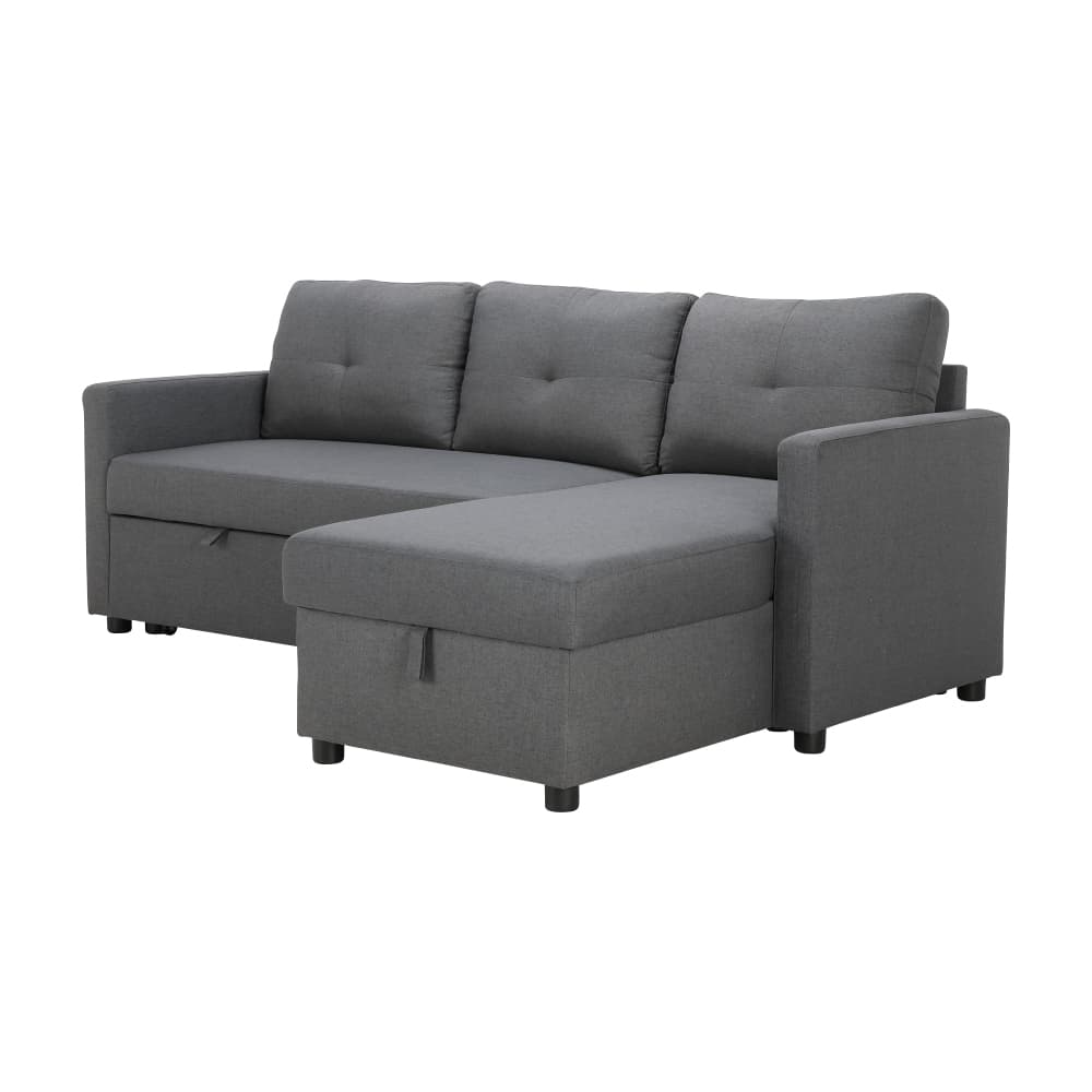 โซฟาเบดผ้า L-shape และชั้นวางของอเนกประสงค์ 2 บาน รุ่นเคียร่า+มินิโอ - สีเทาเข้ม/ธรรมชาติ