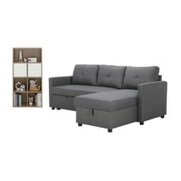 โซฟาเบดผ้า L-shape และชั้นวางของอเนกประสงค์ 2 บาน รุ่นเคียร่า+มินิโอ - สีเทาเข้ม/ธรรมชาติ