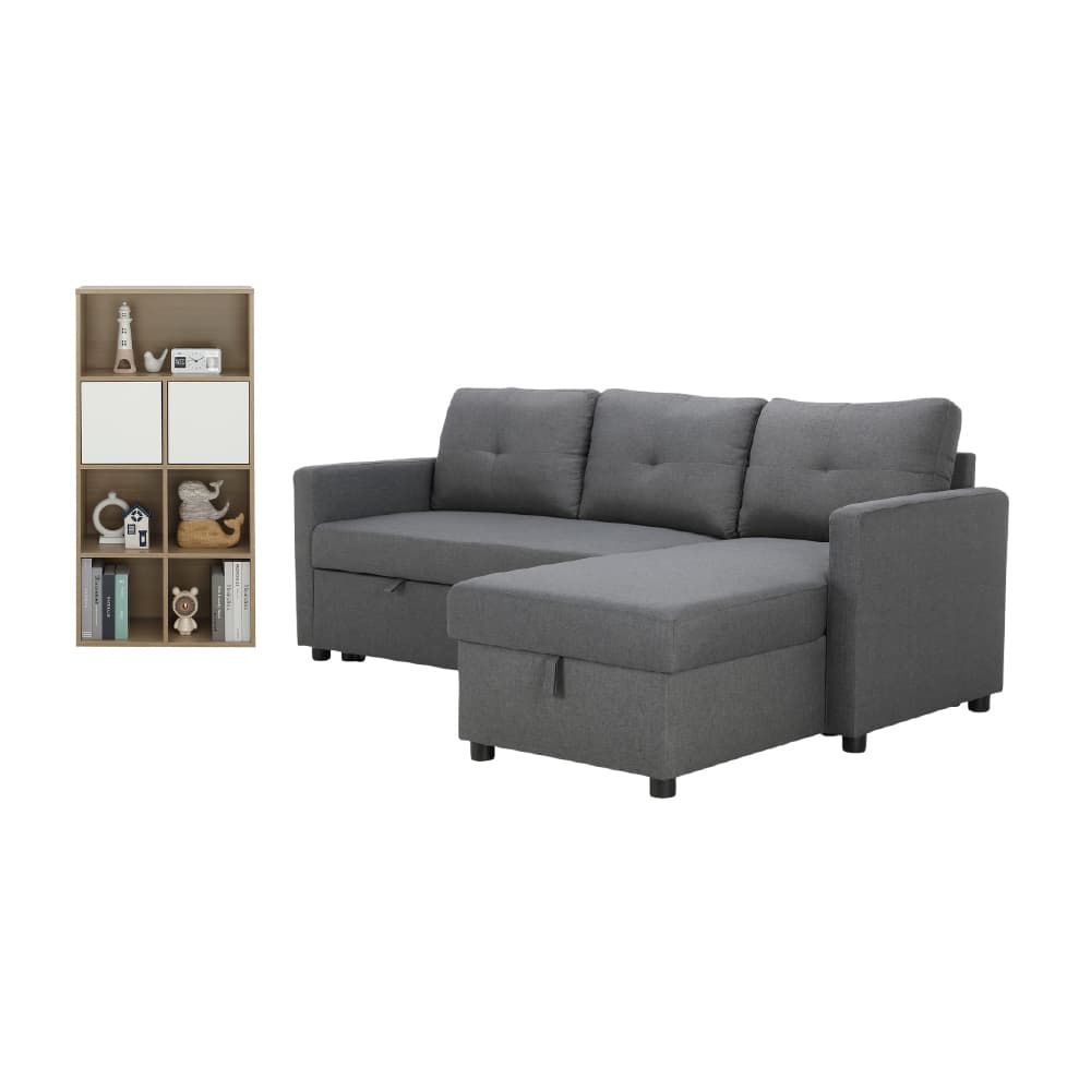 โซฟาเบดผ้า L-shape และชั้นวางของอเนกประสงค์ 2 บาน รุ่นเคียร่า+มินิโอ - สีเทาเข้ม/ธรรมชาติ