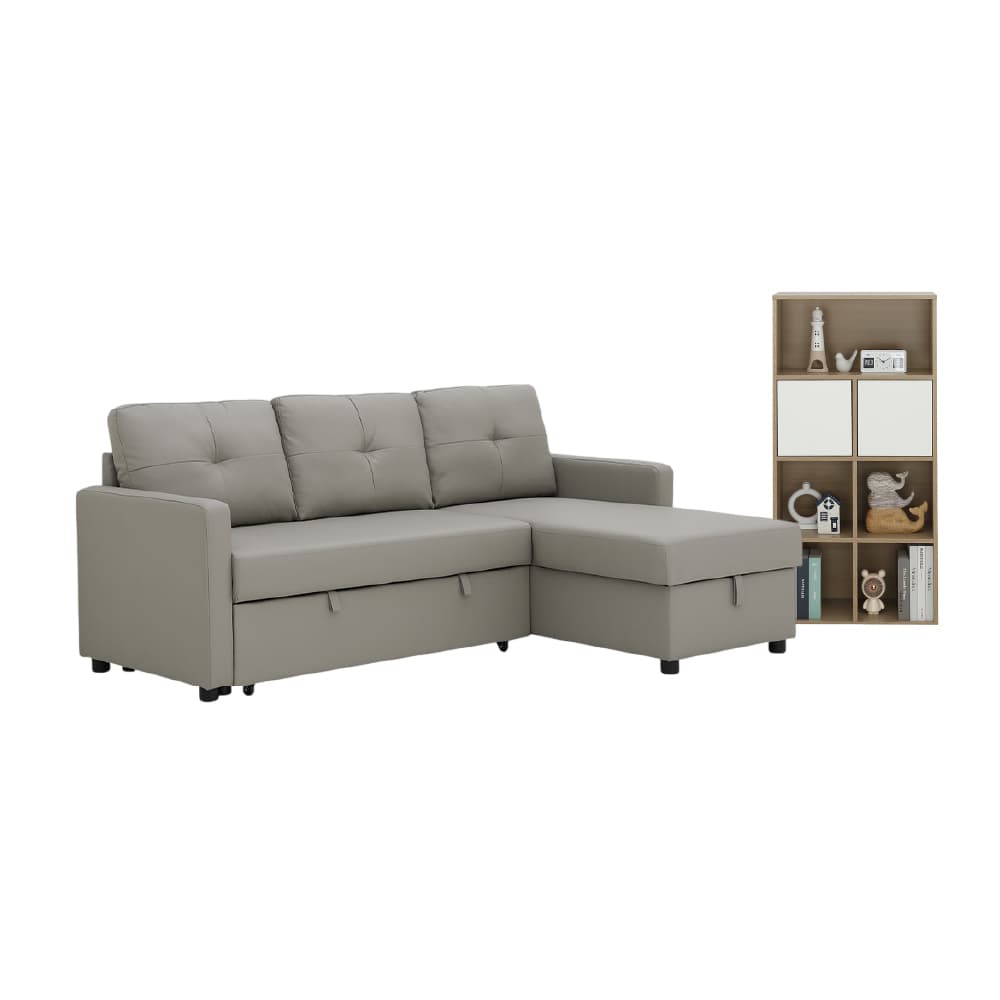 โซฟาเบด PU L-shape และชั้นวางของอเนกประสงค์ 2 บาน รุ่นเคียร่า+มินิโอ - สีเทา/ธรรมชาติ