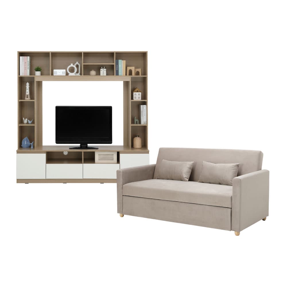 โซฟาเบดผ้า 3 ที่นั่ง และชุดโฮมเอ็นเตอร์เทนเมนท์ ขนาด 180 ซม. รุ่นมิกิ+มินิโอ - สีโทป/ธรรมชาติ