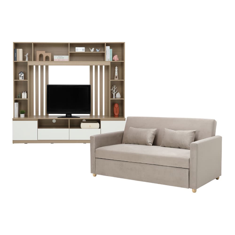 โซฟาเบดผ้า 3 ที่นั่ง และชุดโฮมเอ็นเตอร์เทนเมนท์ ขนาด 200 ซม. รุ่นมิกิ+มินิโอ - สีโทป/ธรรมชาติ