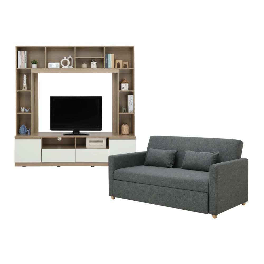 โซฟาเบดผ้า 3 ที่นั่ง และชุดโฮมเอ็นเตอร์เทนเมนท์ ขนาด 180 ซม. รุ่นมิกิ+มินิโอ  - สีเทา/ธรรมชาติ