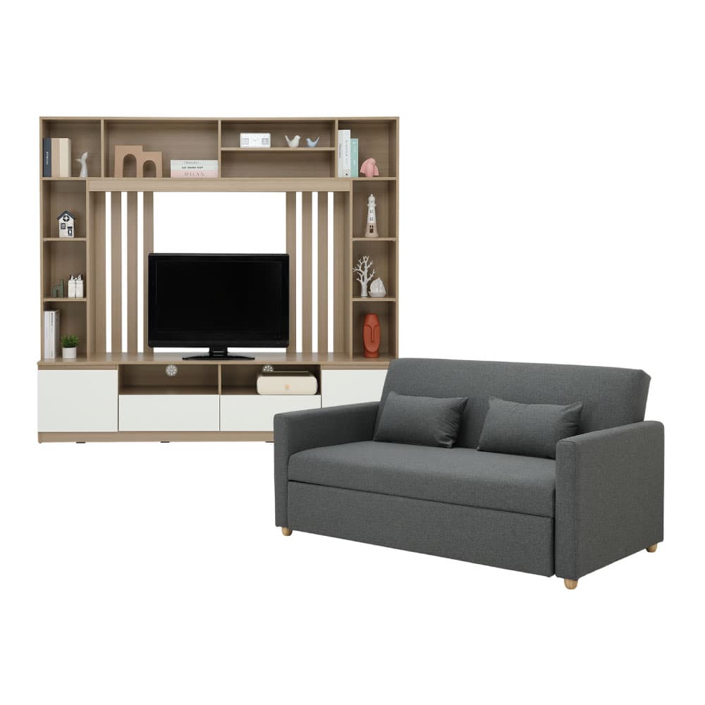 โซฟาเบดผ้า 3 ที่นั่ง และชุดโฮมเอ็นเตอร์เทนเมนท์ ขนาด 200 ซม. รุ่นมิกิ+มินิโอ - สีเทา/ธรรมชาติ