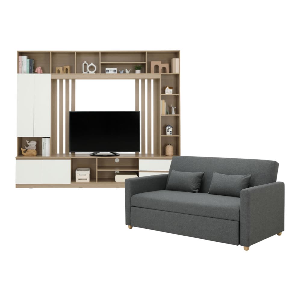 โซฟาเบดผ้า 3 ที่นั่ง และชุดโฮมเอ็นเตอร์เทนเมนท์ ขนาด 240 ซม. รุ่นมิกิ+มินิโอ - สีเทา/ธรรมชาติ