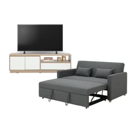 โซฟาเบดผ้า 3 ที่นั่ง และตู้วางทีวี 2 บาน พร้อมลิ้นชัก ขนาด 150 ซม. รุ่นมิกิ+มินิโอ - สีเทา/ธรรมชาติ