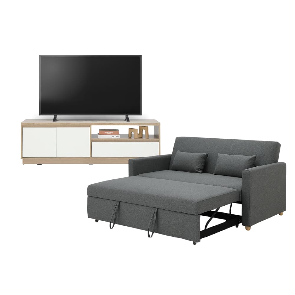โซฟาเบดผ้า 3 ที่นั่ง และตู้วางทีวี 2 บาน พร้อมลิ้นชัก ขนาด 150 ซม. รุ่นมิกิ+มินิโอ - สีเทา/ธรรมชาติ