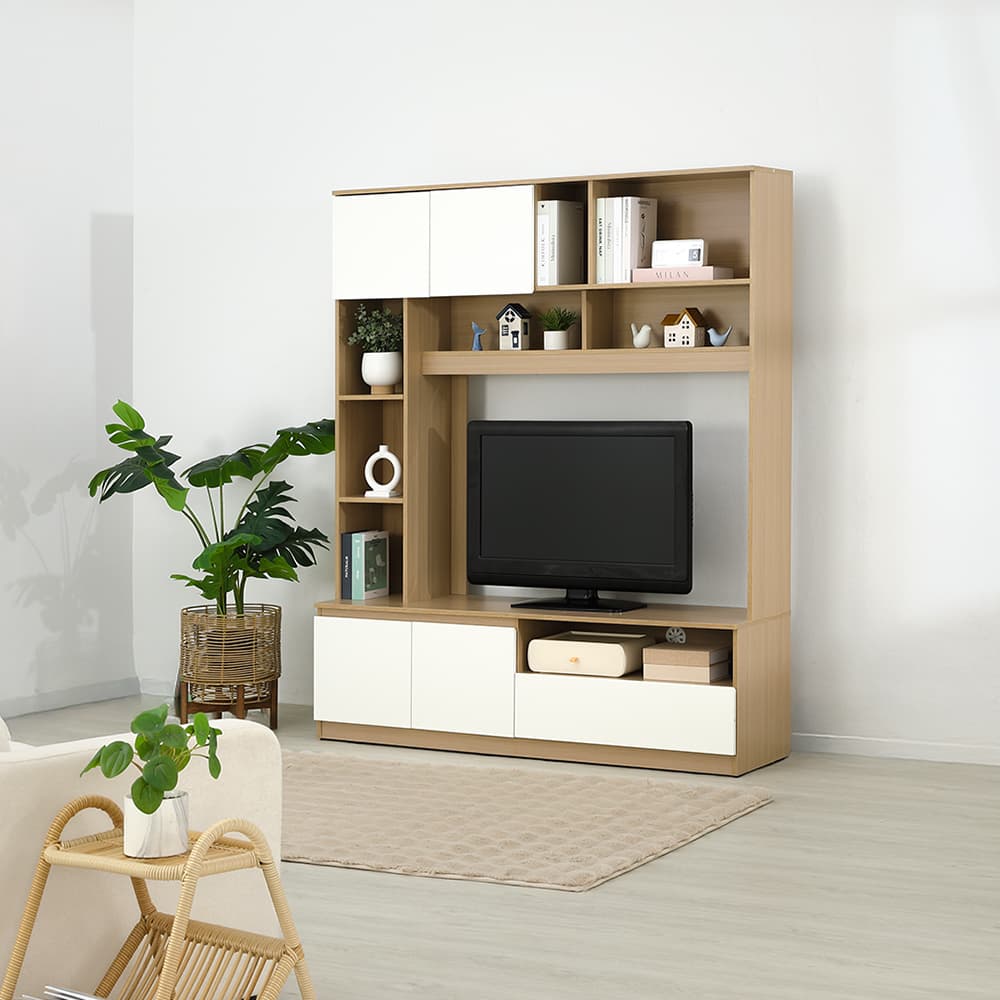 โซฟาผ้า L-shape และชุดโฮมเอ็นเตอร์เทนเมนท์ ขนาด 150 ซม. รุ่นแลมซี่+มินิโอ - สีน้ำตาลเข้ม/ธรรมชาติ