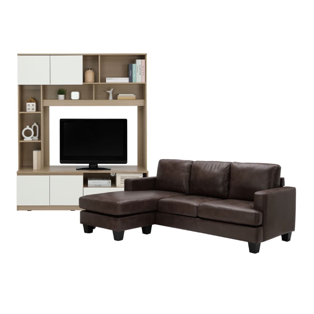 โซฟาผ้า L-shape และชุดโฮมเอ็นเตอร์เทนเมนท์ ขนาด 150 ซม. รุ่นแลมซี่+มินิโอ - สีน้ำตาลเข้ม/ธรรมชาติ