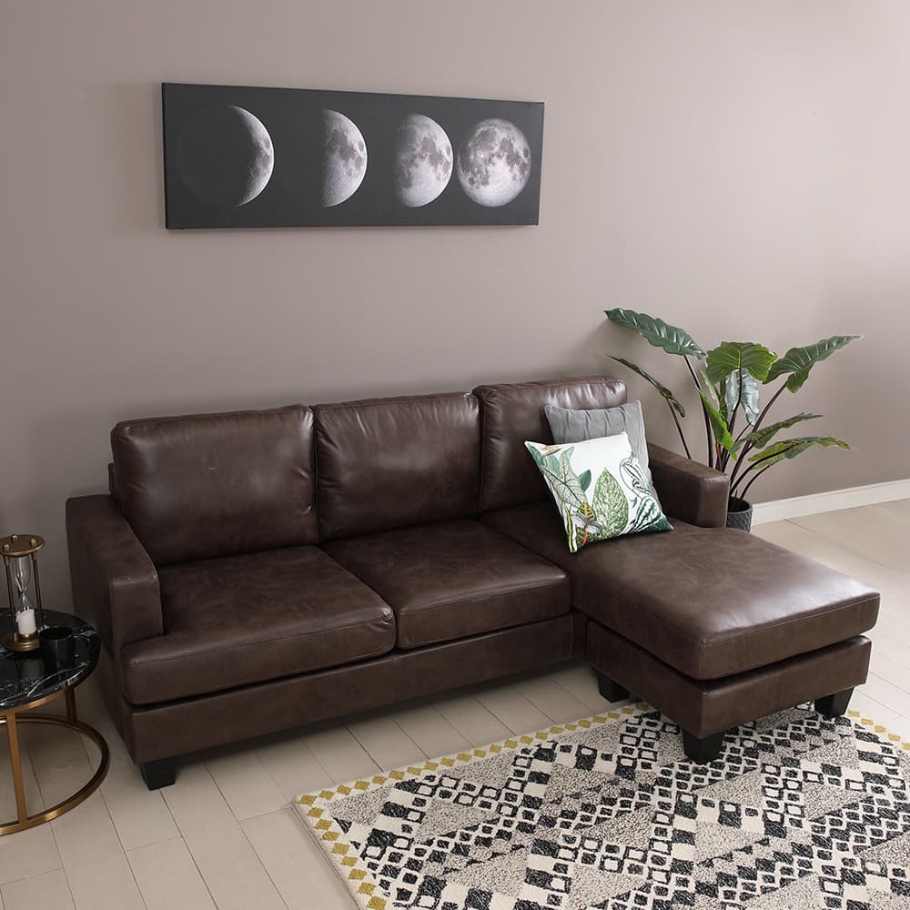 โซฟาผ้า L-shape และชุดโฮมเอ็นเตอร์เทนเมนท์ ขนาด 180 ซม. รุ่นแลมซี่+มินิโอ - สีน้ำตาลเข้ม/ธรรมชาติ