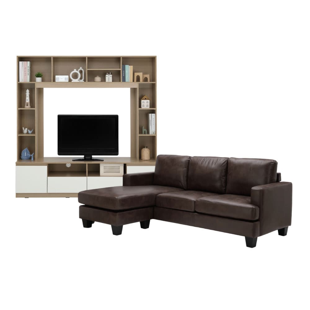 โซฟาผ้า L-shape และชุดโฮมเอ็นเตอร์เทนเมนท์ ขนาด 180 ซม. รุ่นแลมซี่+มินิโอ - สีน้ำตาลเข้ม/ธรรมชาติ