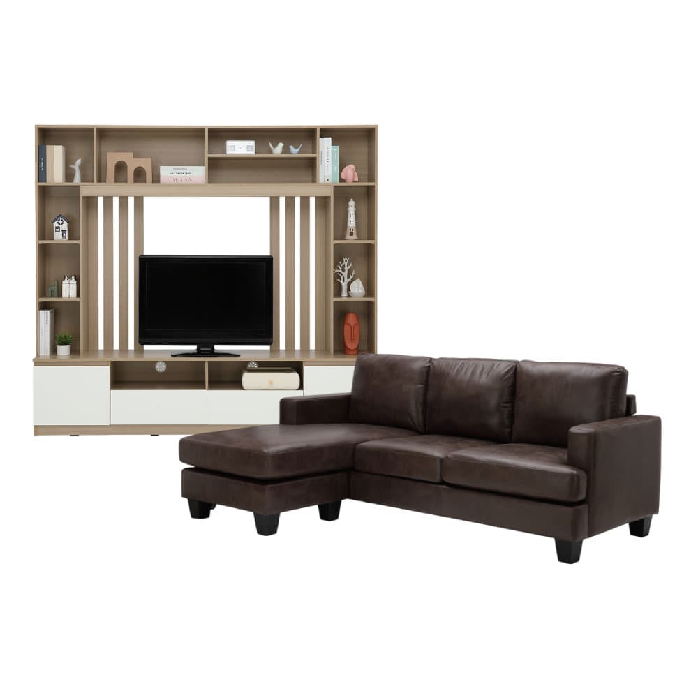 โซฟาผ้า L-shape และชุดโฮมเอ็นเตอร์เทนเมนท์ ขนาด 200 ซม. รุ่นแลมซี่+มินิโอ - สีน้ำตาลเข้ม/ธรรมชาติ