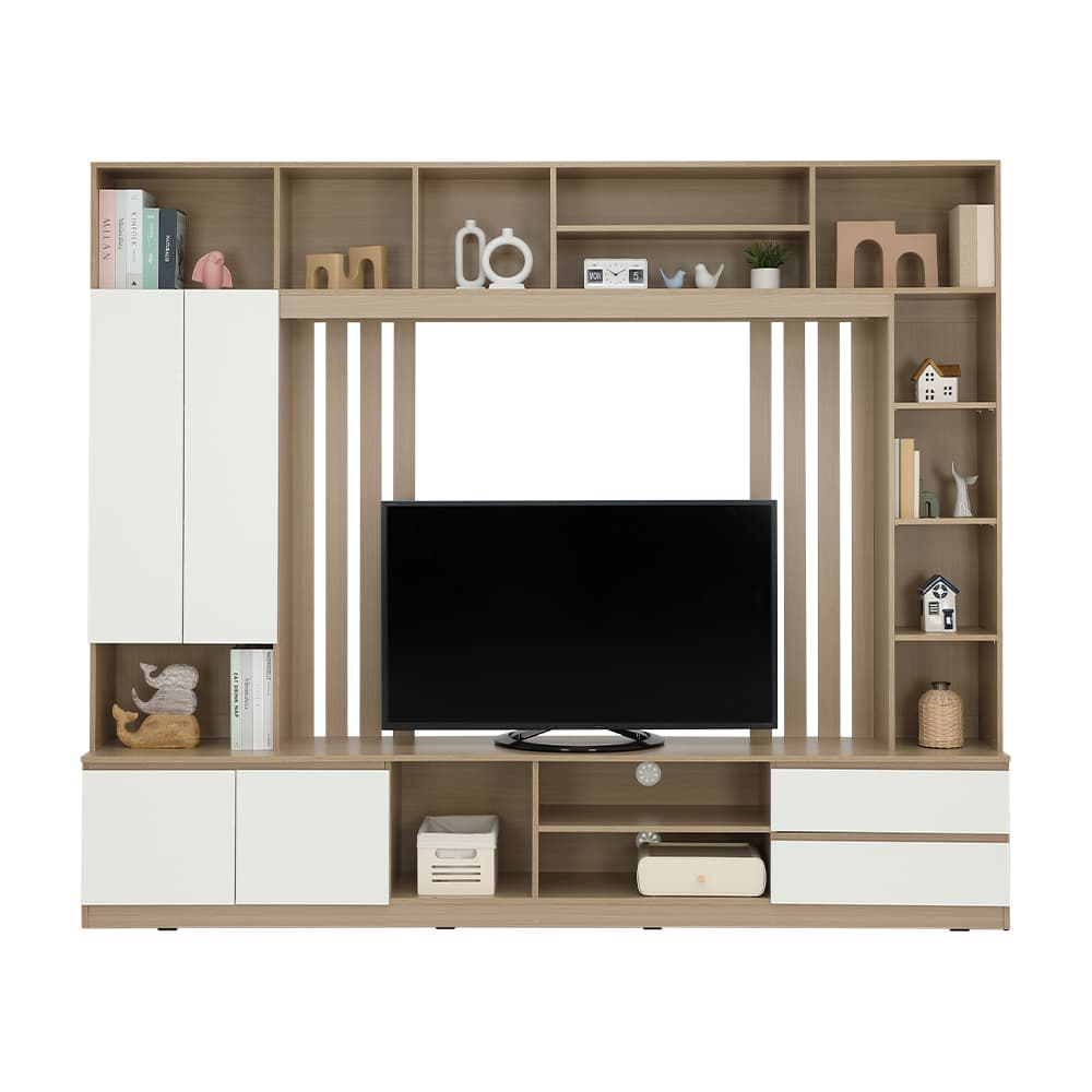 โซฟาผ้า L-shape และชุดโฮมเอ็นเตอร์เทนเมนท์ ขนาด 240 ซม. รุ่นแลมซี่+มินิโอ - สีน้ำตาลเข้ม/ธรรมชาติ