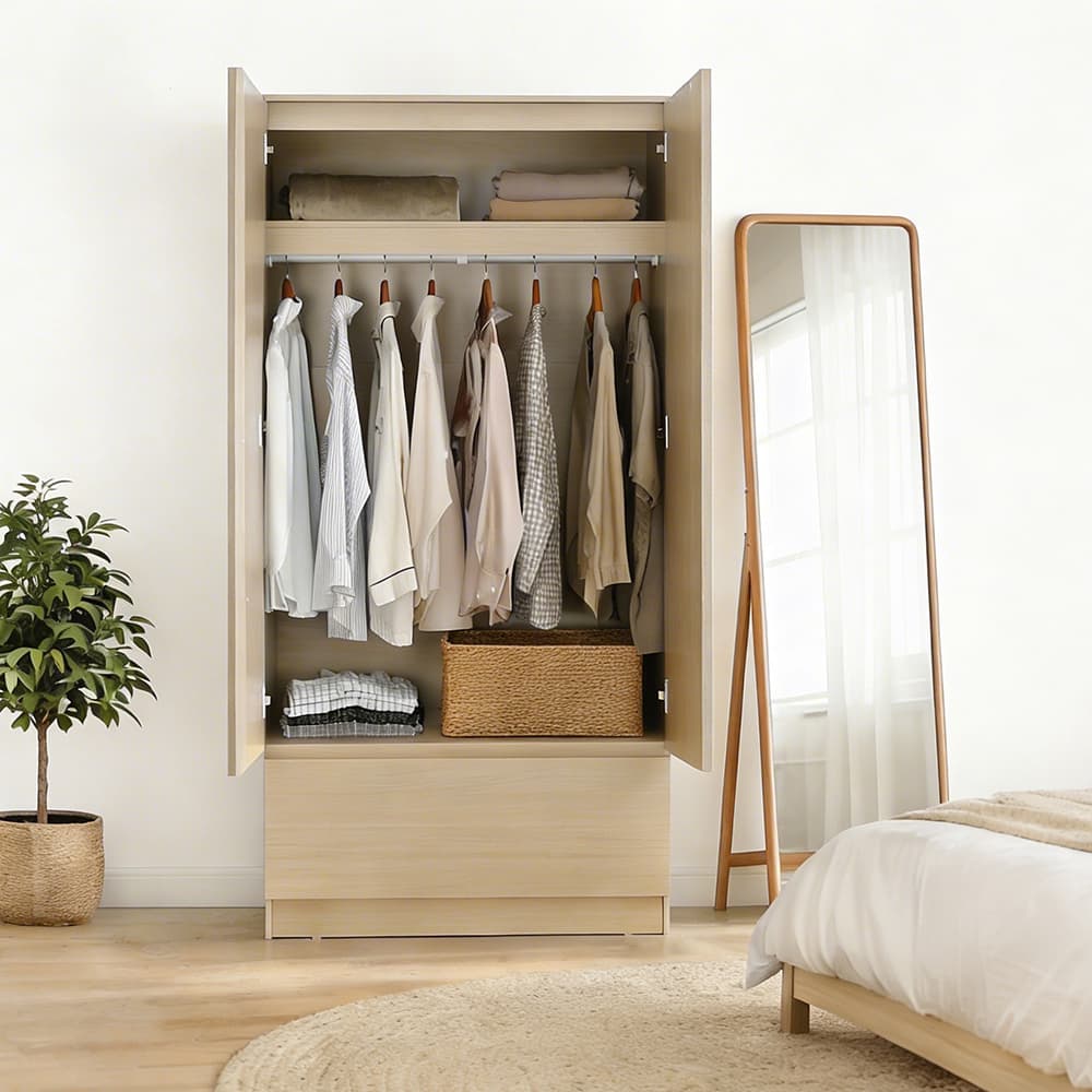 ตู้เสื้อผ้า 2 บาน พร้อมลิ้นชัก รุ่นฟาส ขนาด 90 ซม. - สีธรรมชาติ