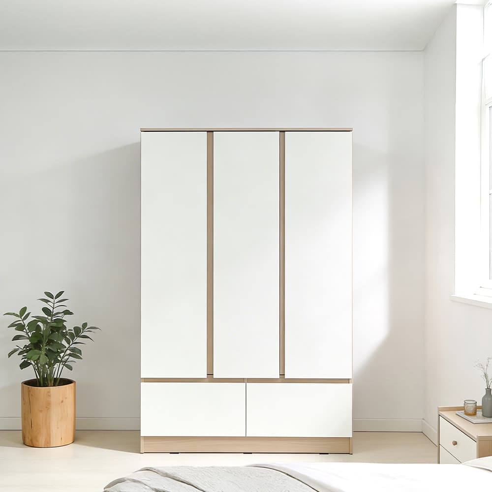 ตู้เสื้อผ้า 3 บาน พร้อมลิ้นชัก รุ่นฟาส - สีธรรมชาติ/ขาว