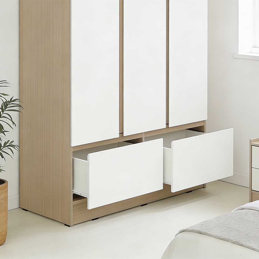 ตู้เสื้อผ้า 3 บาน พร้อมลิ้นชัก รุ่นฟาส - สีธรรมชาติ/ขาว