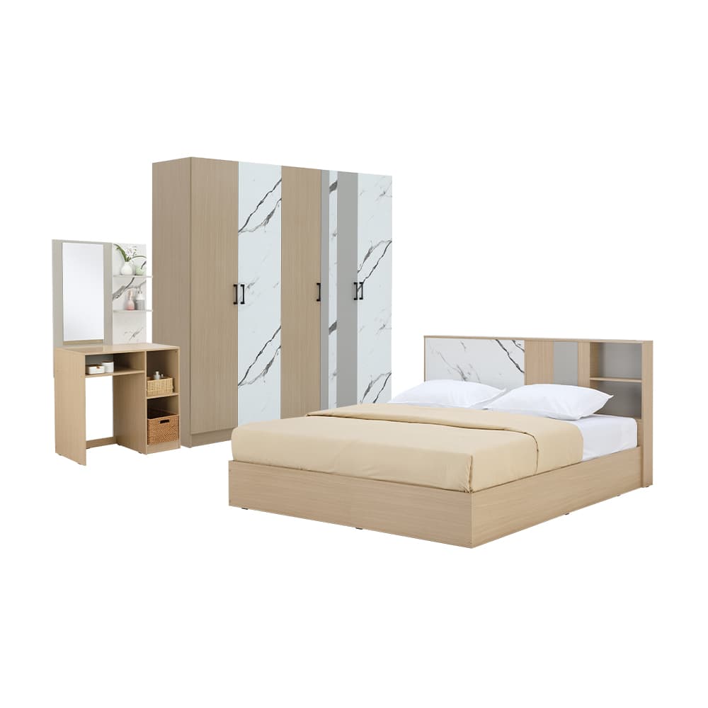 ชุดห้องนอน รุ่นแมกโนเลีย ขนาด 5 ฟุต (เตียง, ตู้เสื้อผ้า 5 บาน, โต๊ะเครื่องแป้ง ) - สีธรรมชาติ/หินอ่อน