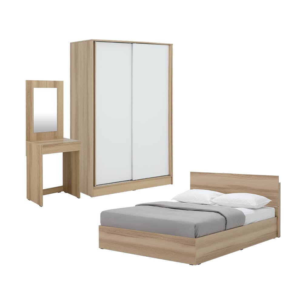 ชุดห้องนอน รุ่นจัสมิน ขนาด 6 ฟุต (เตียง, ตู้เสื้อผ้าบานสไลด์, โต๊ะเครื่องแป้ง) - สีธรรมชาติ/ขาว