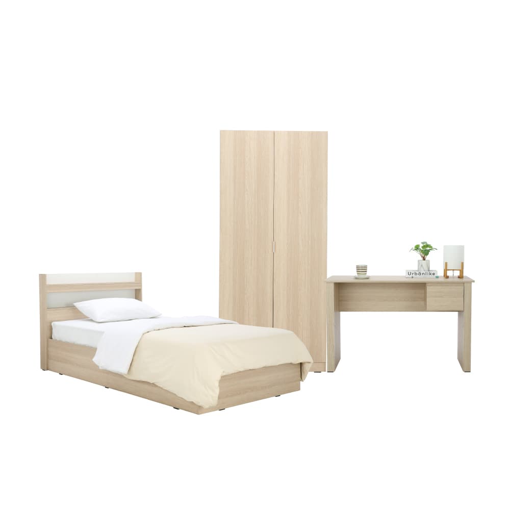 ชุดห้องนอน รุ่นแชมป์ ขนาด 3.5 ฟุต (เตียง, ตู้เสื้อผ้า 2 บาน, โต๊ะทำงาน) - สีไลท์ วู้ด/ขาว